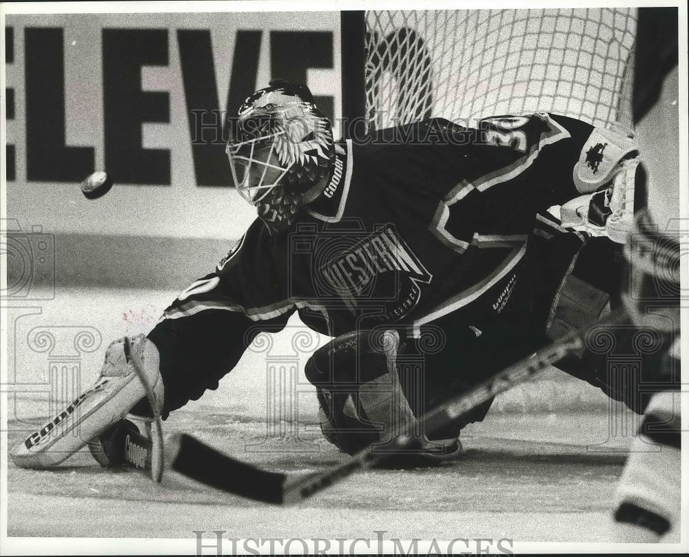 1996 Press Photo Ice hockey player moves into goal - nef63603 - Historic Images