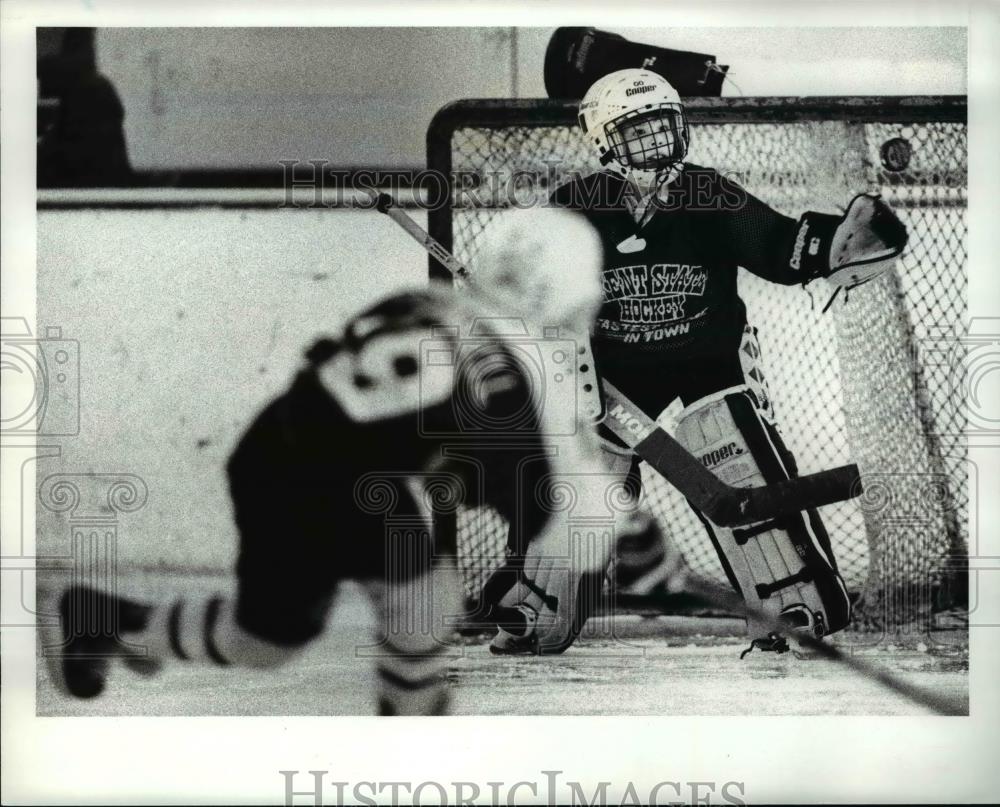 1989 Press Photo Goalie Jason Link during a hockey practice - cva63363 - Historic Images