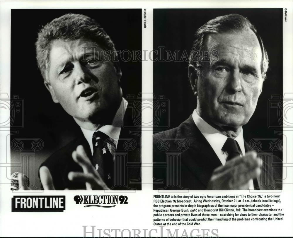 Press Photo Frontline presents the Election &#39;92 with candidates, Clinton &amp; Bush - Historic Images