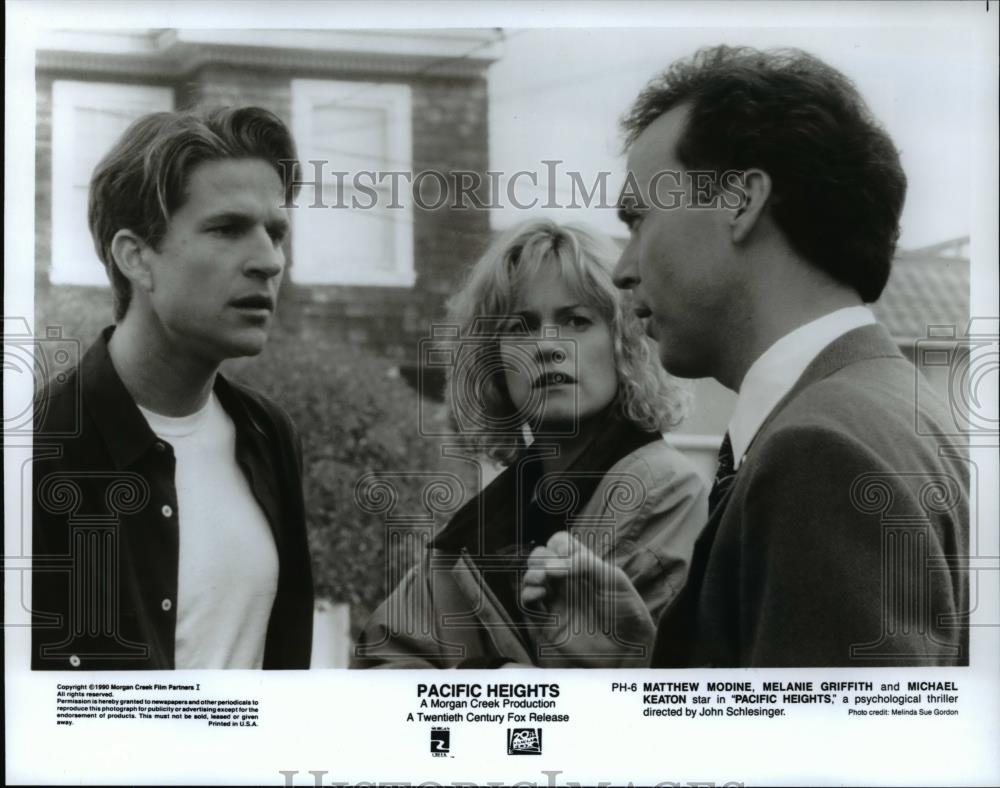 1991 Press Photo Matthew Modine, Melanie Griffith, and Michael Keaton in - Historic Images