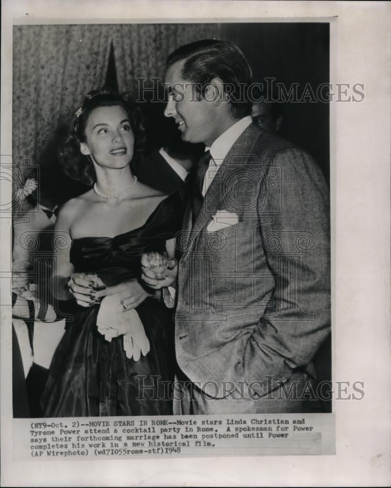 1948 Wire Photo Linda Christian and Tyrone Power Attends a Cokctail Party - Historic Images