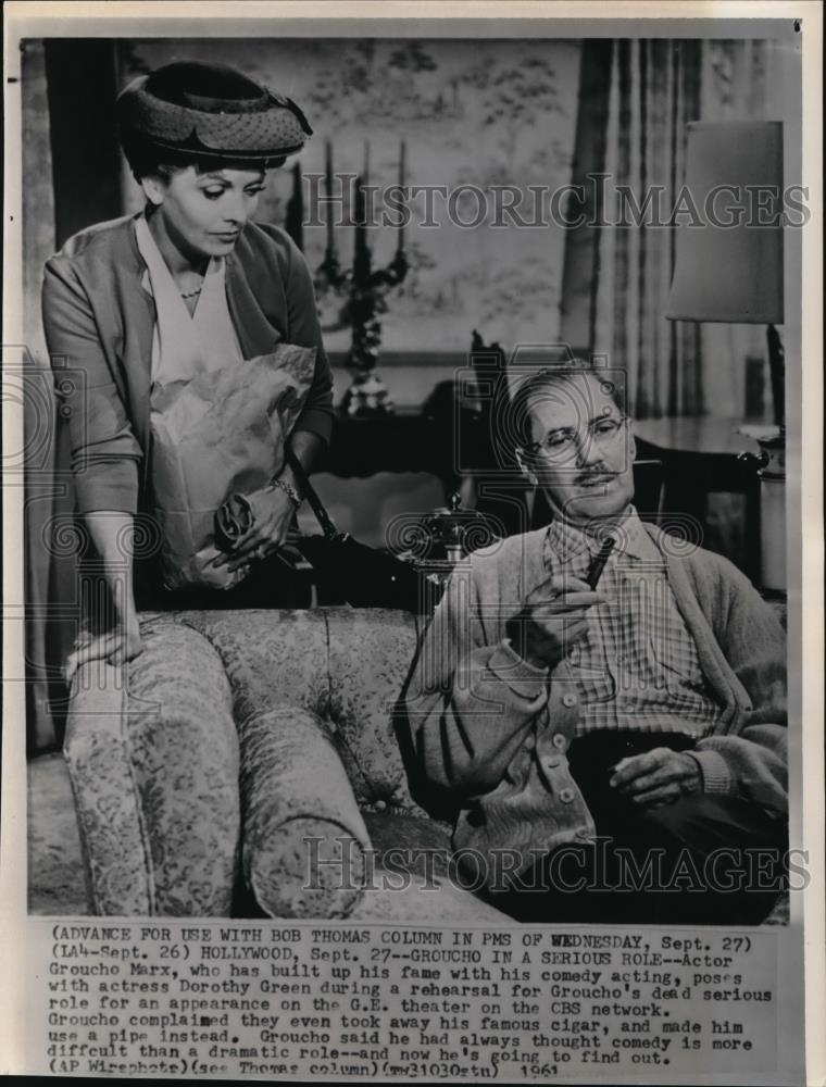 1961 Wire Photo Groucho Marx Poses with Dorothy Green During a Rehearsal - Historic Images