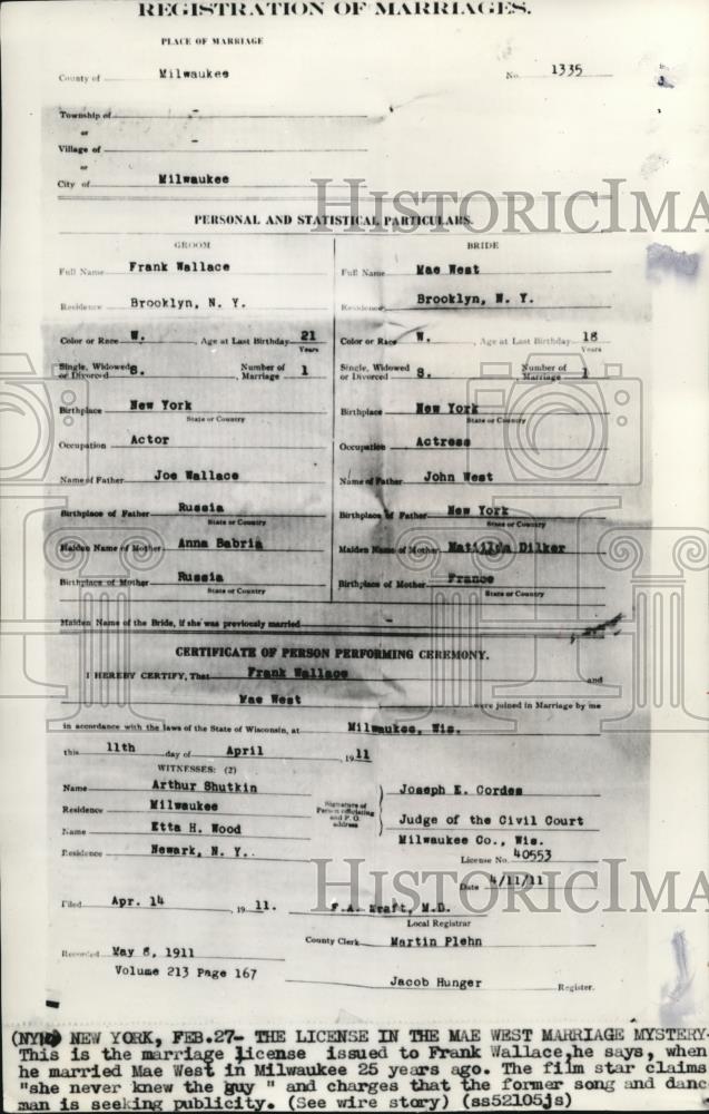 1936 Wire Photo Marriage license issued to Frank Wallace when he married Mae - Historic Images
