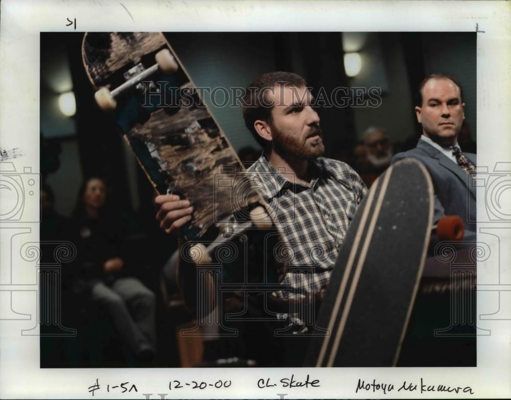 2000 Press Photo Skateboards presented to a Portland town meeting - orb56829 - Historic Images