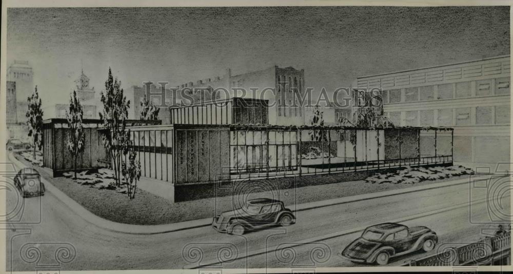 1947 Press Photo Information center Chamber of Commerce sketched by John Yeon - Historic Images