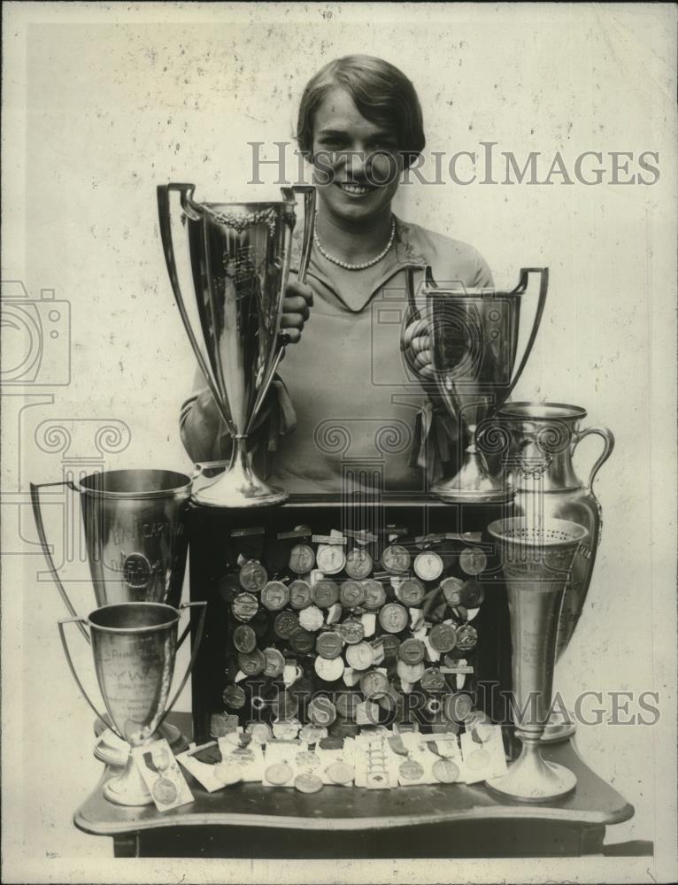 1926 Press Photo Swimmer Florence Skadding Shown With Her Trophies - nef54579 - Historic Images