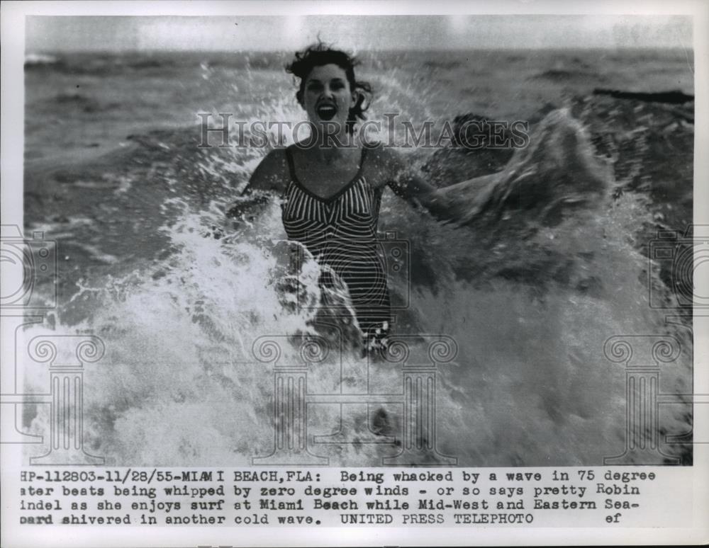 1955 Press Photo Robin Lindel enjoying nice weather at Miami Beach - net34066 - Historic Images