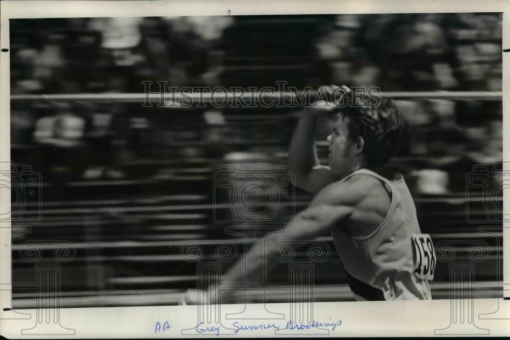 1979 Press Photo Greg Simmer ready to throw javelin enroute to winning event - Historic Images