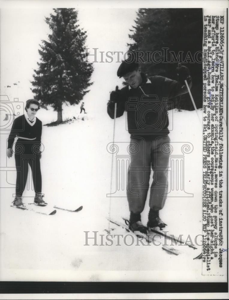 1957 Press Photo Instructor Jacques Stump &amp; Thelma Keitlan ski in Switzerland - Historic Images