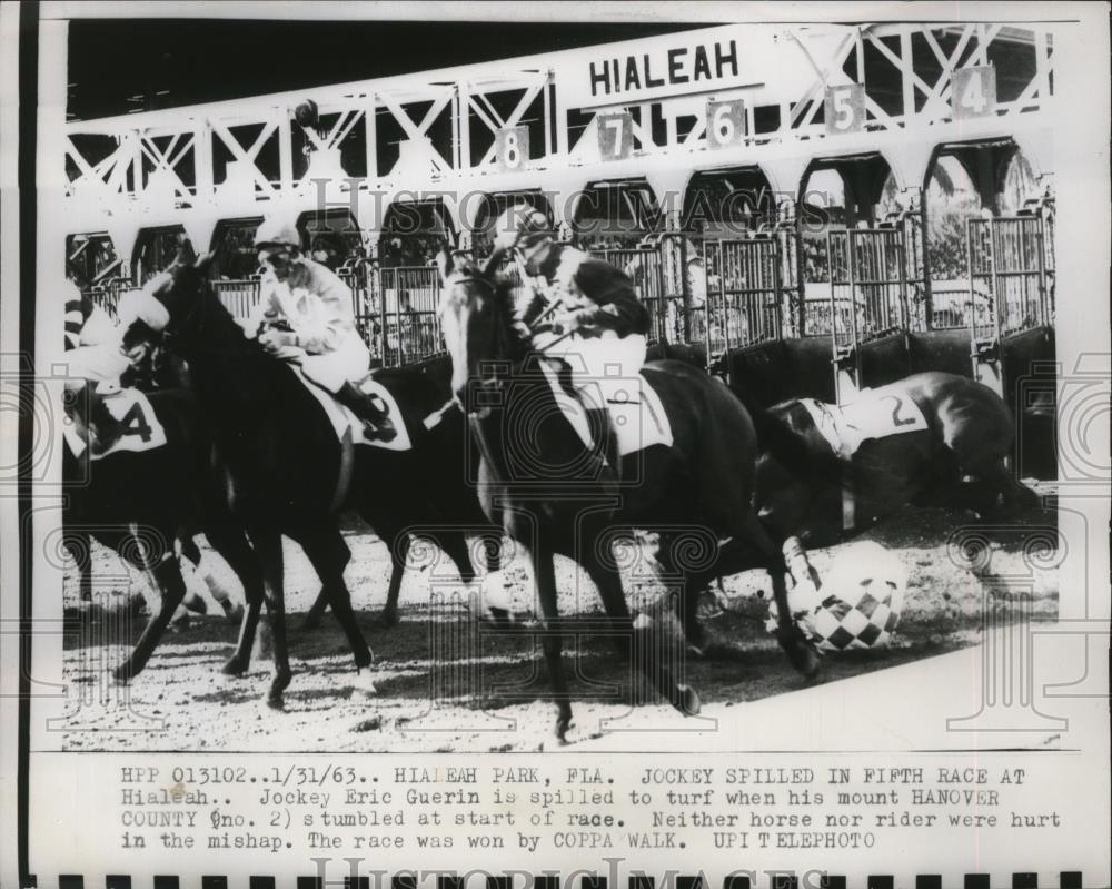 1963 Press Photo Hialeah Park Florida Eric Guerin falls from Hanover in race - Historic Images