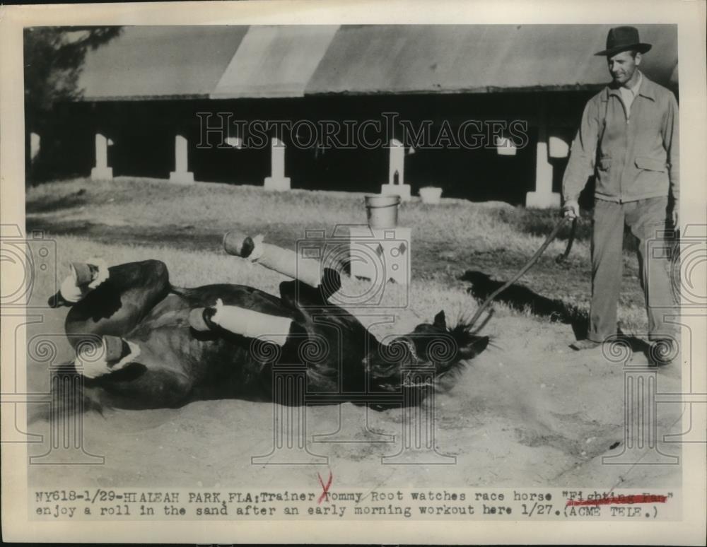 1949 Press Photo Trainer Tommy Root &amp; horse Fighting Pan at Hialeah Park Florida - Historic Images