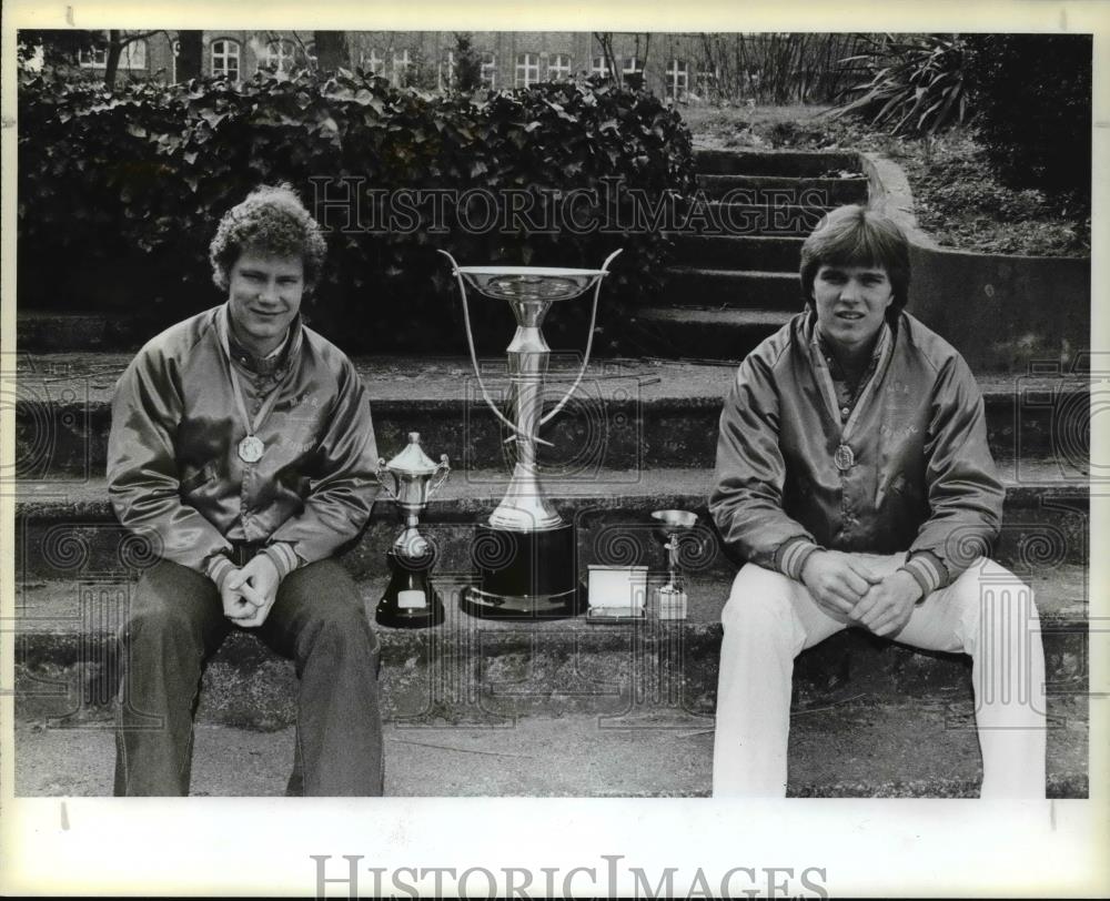 1984 Press Photo Trophies- Randy Thomson (left) and Donny Brake show trophies. - Historic Images
