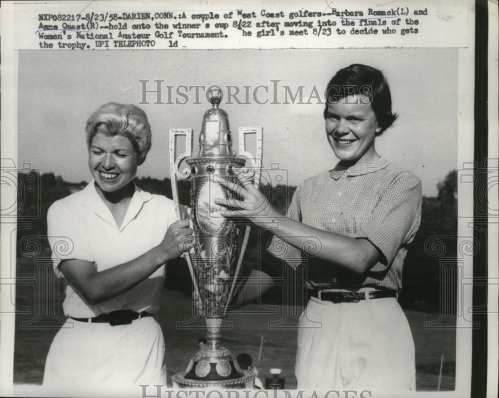 1958 Press Photo Barb Romack, Anne Quast Women&#39;s National Amateur golf in CT - Historic Images