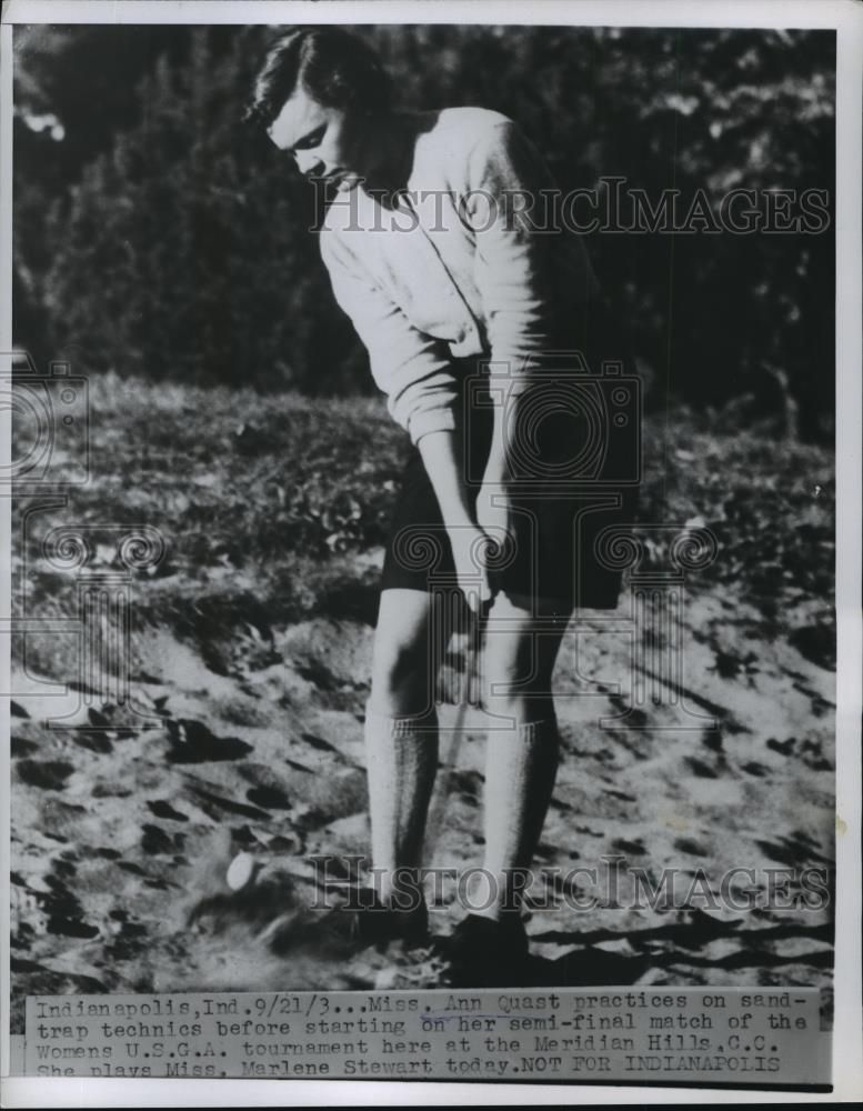 1956 Press Photo Ann Quast in sand at USGA tournament at Indianapolis - Historic Images