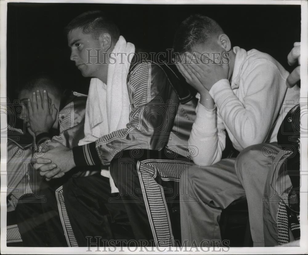 1957 Press Photo Missouri&#39;s mascot Jimmy Eldridge covers face at Colorado game - Historic Images