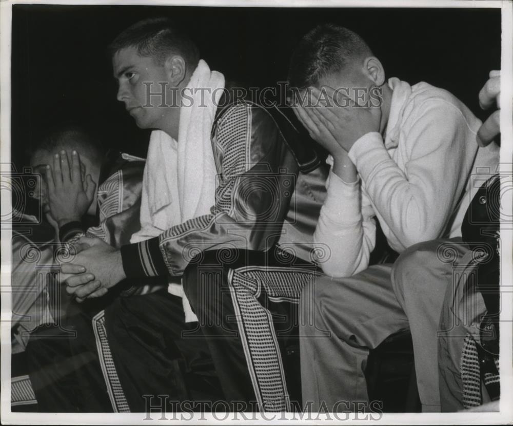 1957 Press Photo Missouri's mascot Jimmy Eldridge covers face at Colorado game - Historic Images