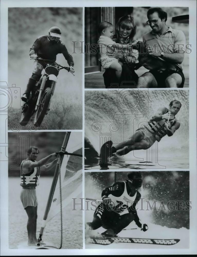 Press Photo Motorcycle racing, windsurfing, skiing, water skiing and family - Historic Images