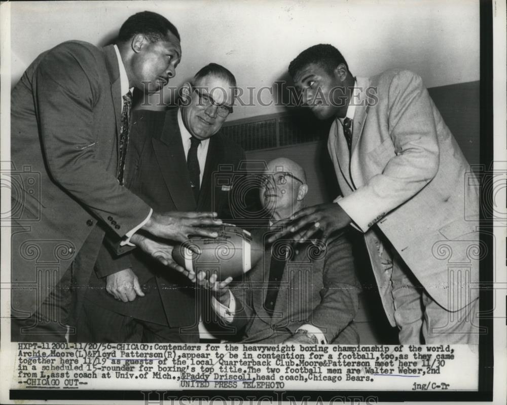 1956 Press Photo Ex champ Archie Moore, Floyd Patterson &amp; Bears coach P Driscoll - Historic Images