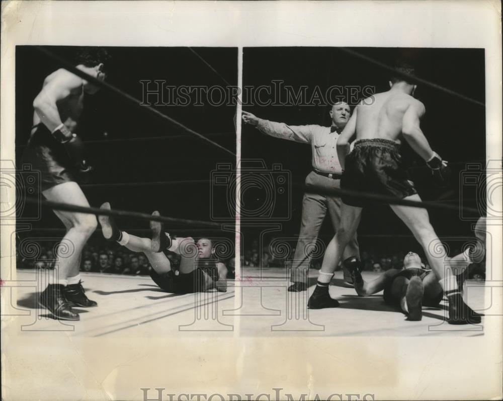 1944 Press Photo Joey Manfro vs Aaron Perry as ref George Walsh watches - Historic Images