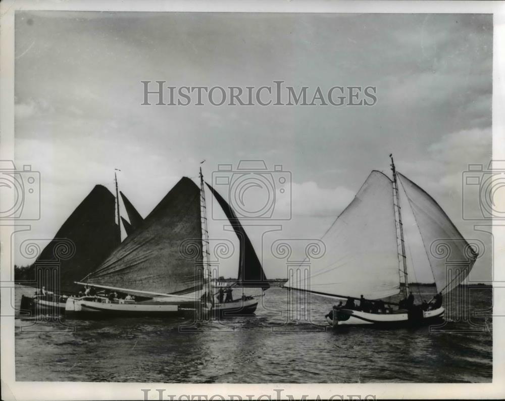 1956 Press Photo Three Frisian &quot;Skutsjes&quot; Take part in Sailing Contest - Historic Images