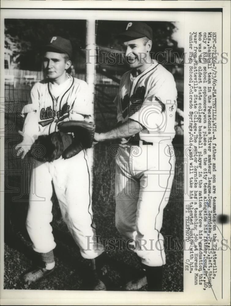 1960 Press Photo Doug Zernicke Jr. & Doug Sr. play on Platteville baseball team - Historic Images