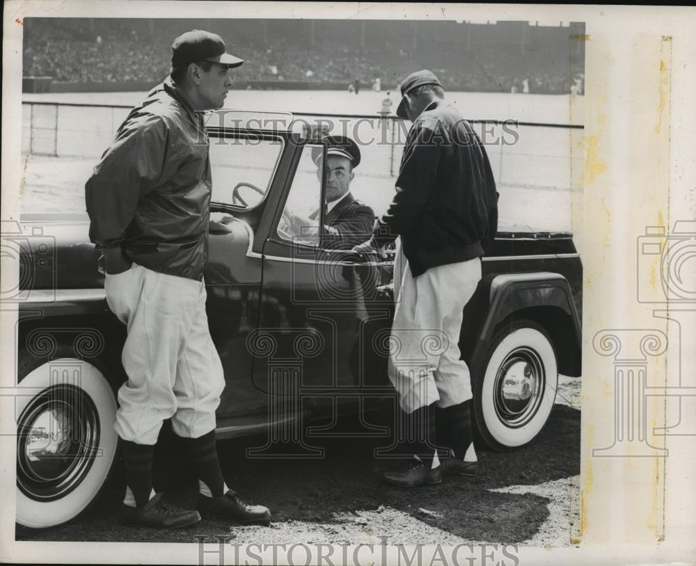 1951 Press Photo two baseball men, guy in car, baseball field - net34186 - Historic Images