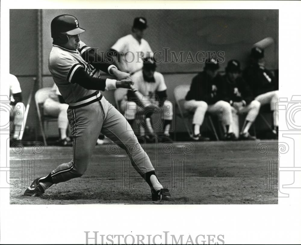 Press Photo Randy Moore sling his bat during the game - orc01354 - Historic Images