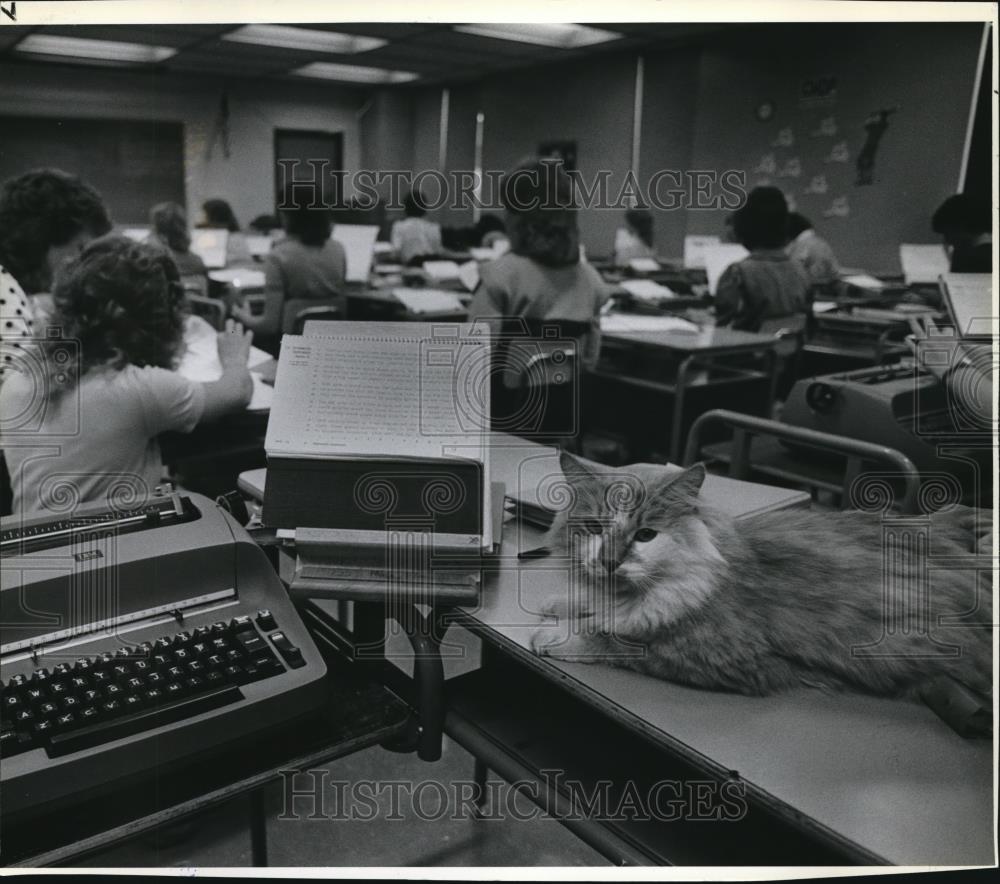 1983 Press Photo Margaret Hilyan&#39;s Typing class with drop-in student - orb03253 - Historic Images