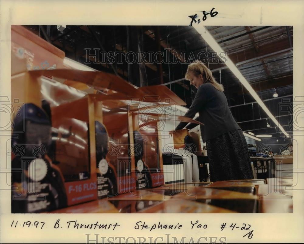 1997 Press Photo Lady Working at Thrustmaster Inc. on Computer - orb08447 - Historic Images