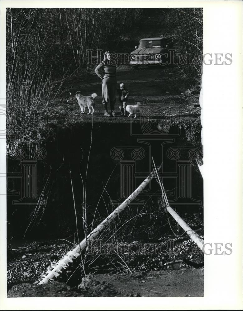1983 Press Photo Barbara Hoskins &amp; Daughter Erin Look Outside After Washout - Historic Images