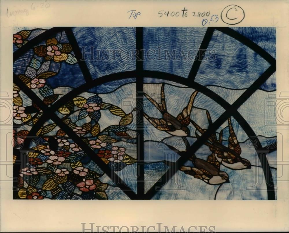1987 Press Photo Artistic window designed with windblown flowering tree - Historic Images