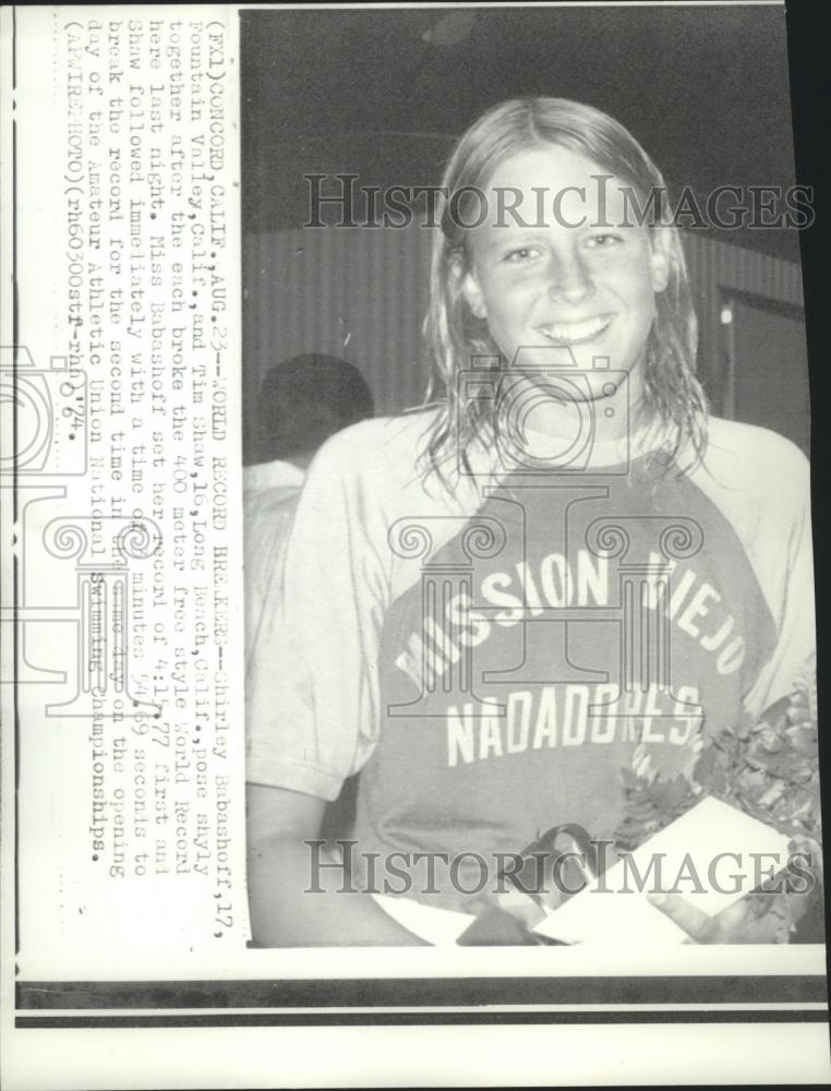 1974 Press Photo Shirley Balashoff, 17, smiles after winning swim meet - Historic Images