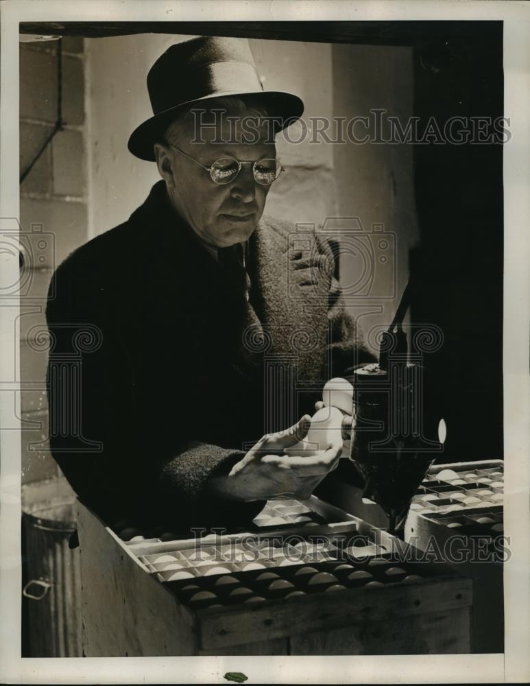 1939 Press Photo Mercantile Exchange Inspector Harry Byxbee looks at eggs NYC - Historic Images