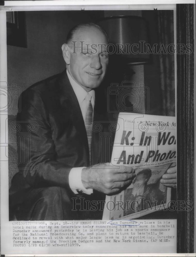 1959 Press Photo Leo Durocher-Baseball Announcer to Return to the Sport - Historic Images