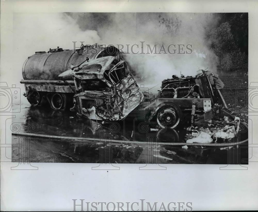 1968 Press Photo Car was knocked completely off chemical truck - orb62462 - Historic Images