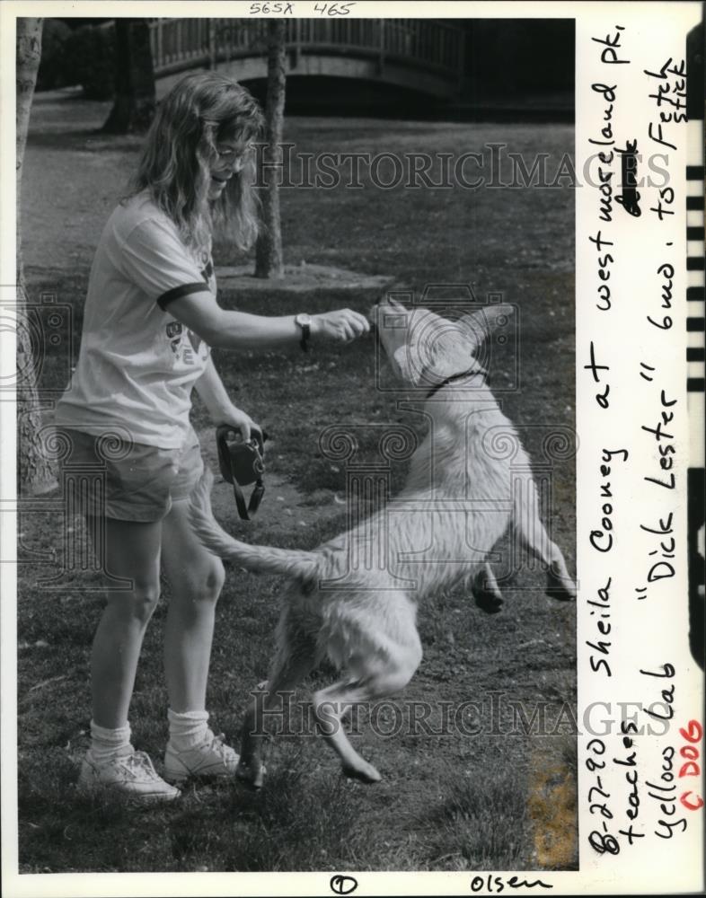 1990 Press Photo Portland-Sheila Cooner teaches 6 month old yellow labrador - Historic Images