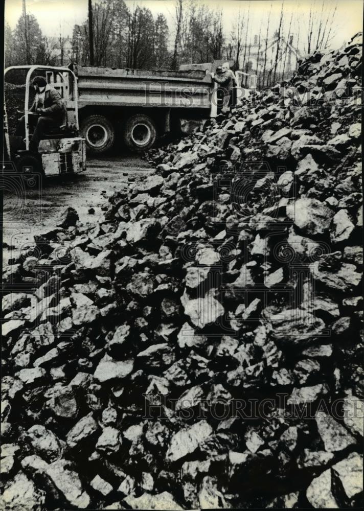 1981 Press Photo Coal in the fuel yard at the Albina Fuel Co. in Oregon - Historic Images