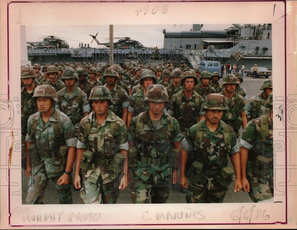 1986 Press Photo Marines Line Up Military Vehicles for Display at Lloyd Center - Historic Images