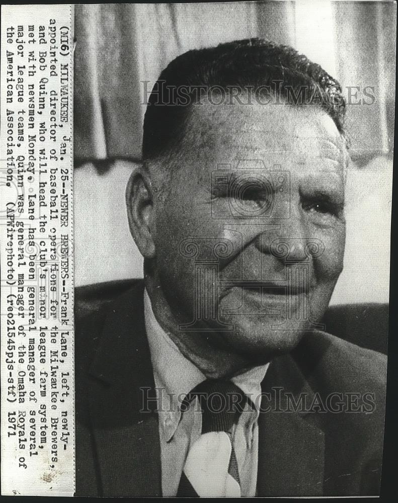 1971 Press Photo Frank Lane, director of baseball operations, Milwaukee Brewers - Historic Images