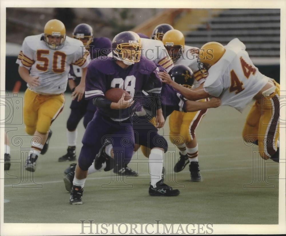 1993 Press Photo Rogers football running back, Steve Hilde, heads upfield - Historic Images