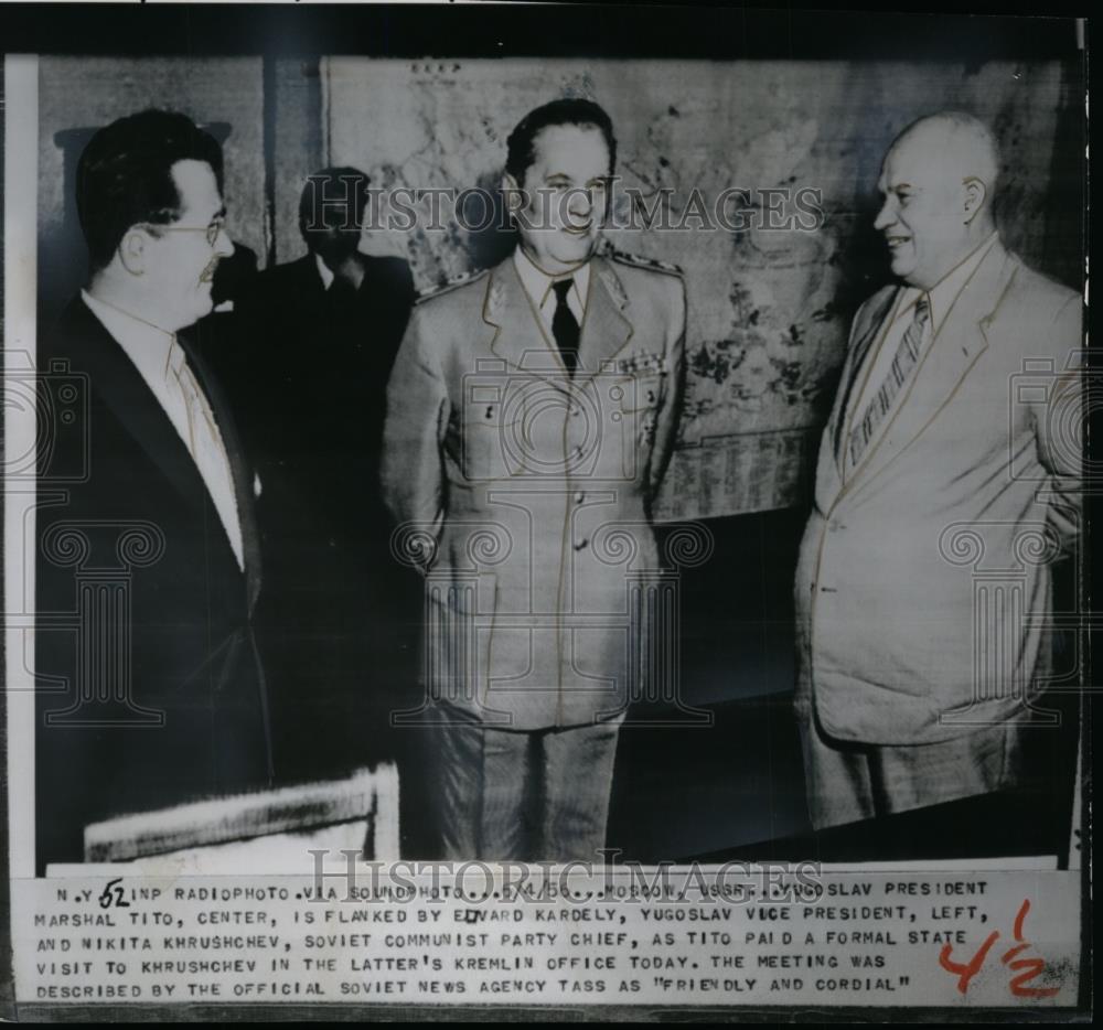 1956 Press Photo Yugoslav President Marshal Tito, Ed Kardely &amp; Soviet Khruschev - Historic Images