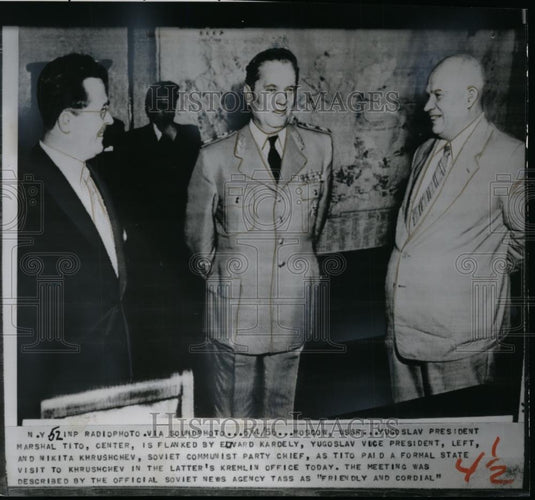 1956 Press Photo Yugoslav President Marshal Tito, Ed Kardely & Soviet Khruschev - Historic Images