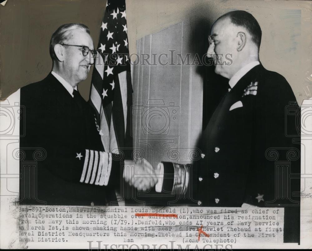 1950 Press Photo Louis Denfeld w Hewlet Thebaud After Announcing His Resignation - Historic Images