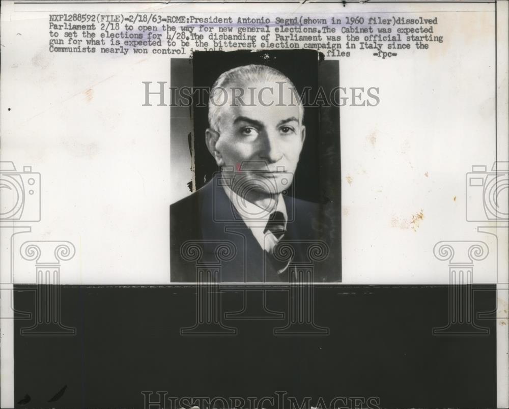 1963 Press Photo Pres. Antonio Segni dissolved Rome Parliament for Gen. Election - Historic Images