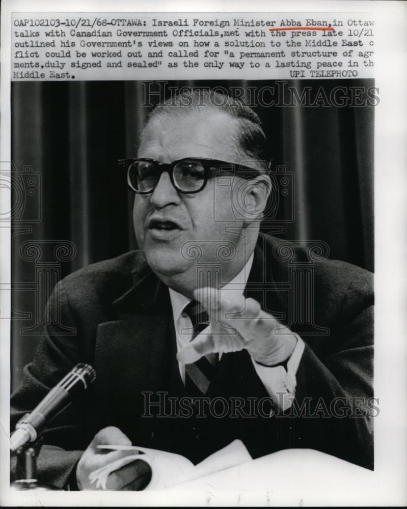 1968 Press Photo Israeli Eban In Ottaw Gives Solution To Middle East Conflict - Historic Images