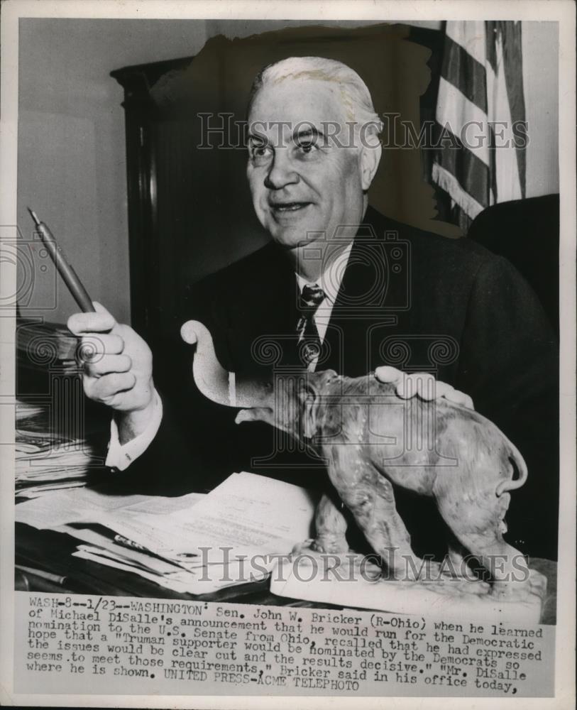 1952 Press Photo Senator John W. Bricker in His Office, Washington, D.C. - Historic Images