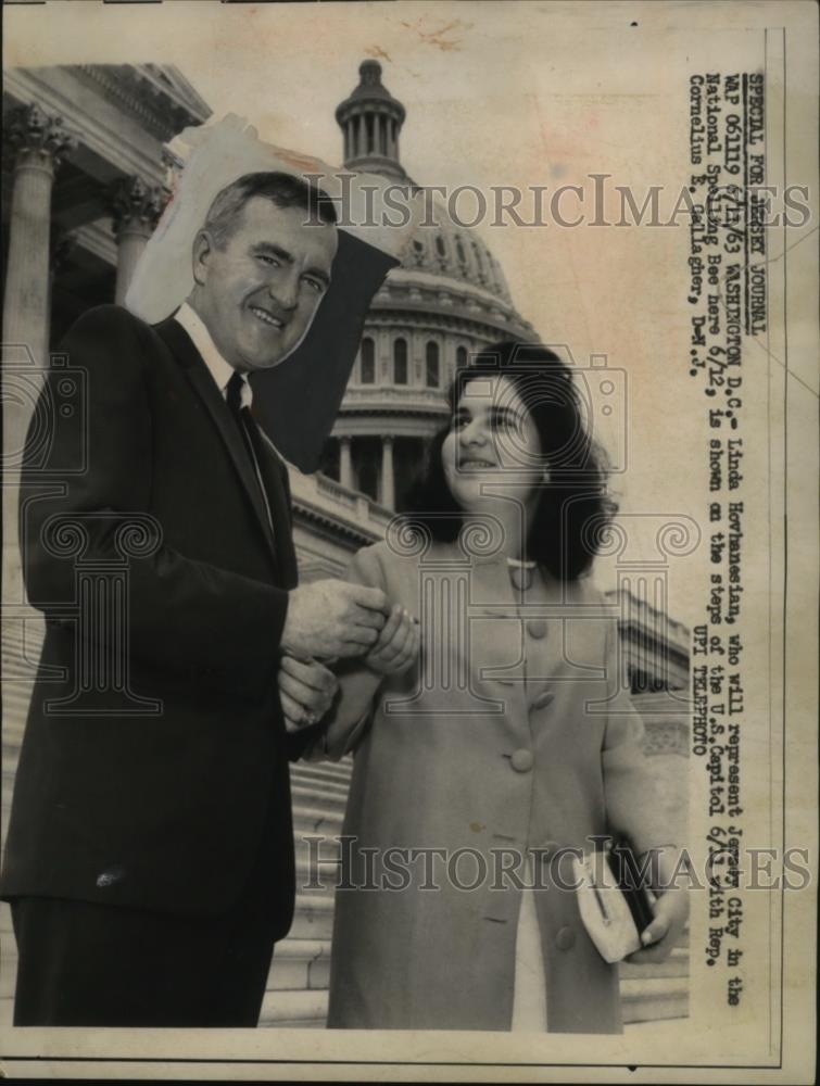 1963 Press Photo Spelling Bee Contestant Linda Hovhanesian, Cornelius Gallagher - Historic Images