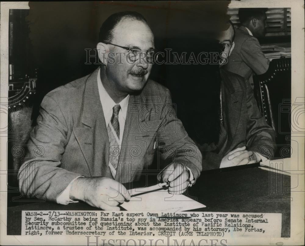 1951 Press Photo Owen Lattimore was accused by Sen. McCarthy of being a spy - Historic Images