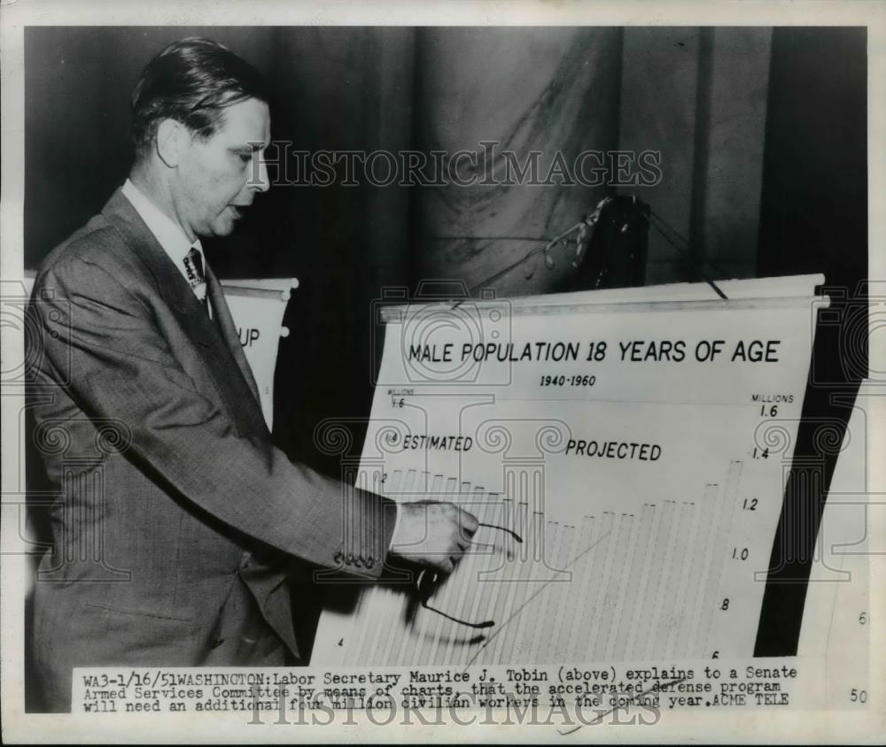 1951 Press Photo Maurice J. Tobin explains accelerated defense program by chart - Historic Images