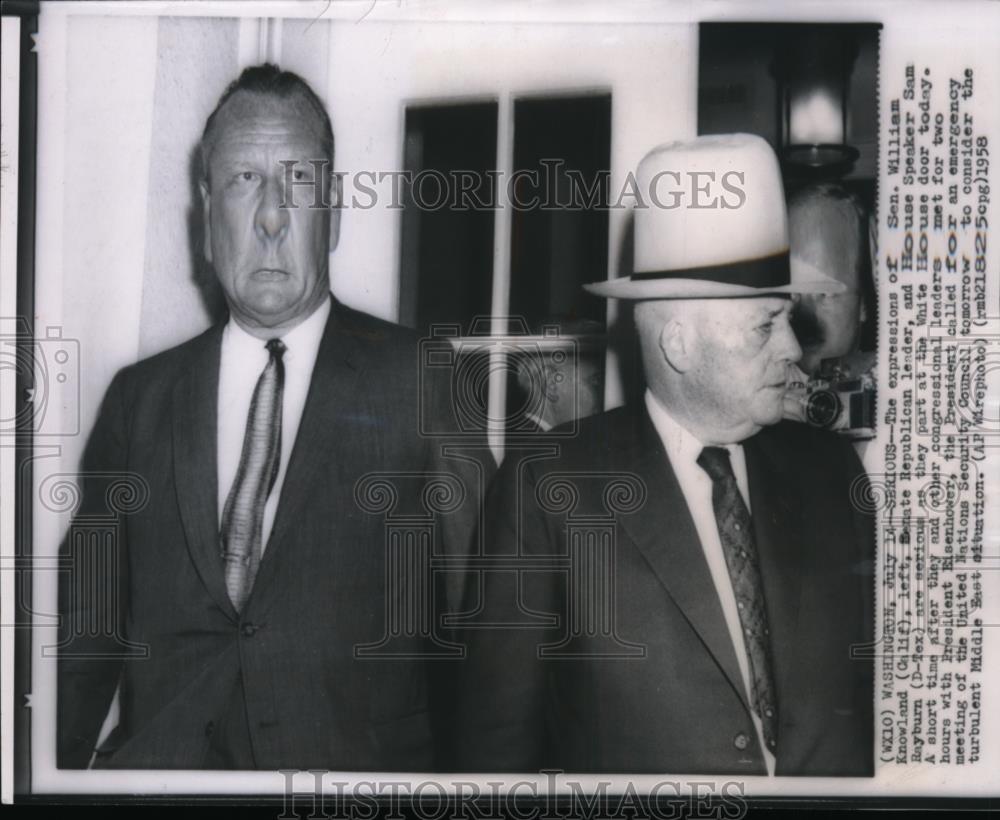 1958 Wire Photo Sen. William Knowland with House Speaker Sam Rayburn - Historic Images